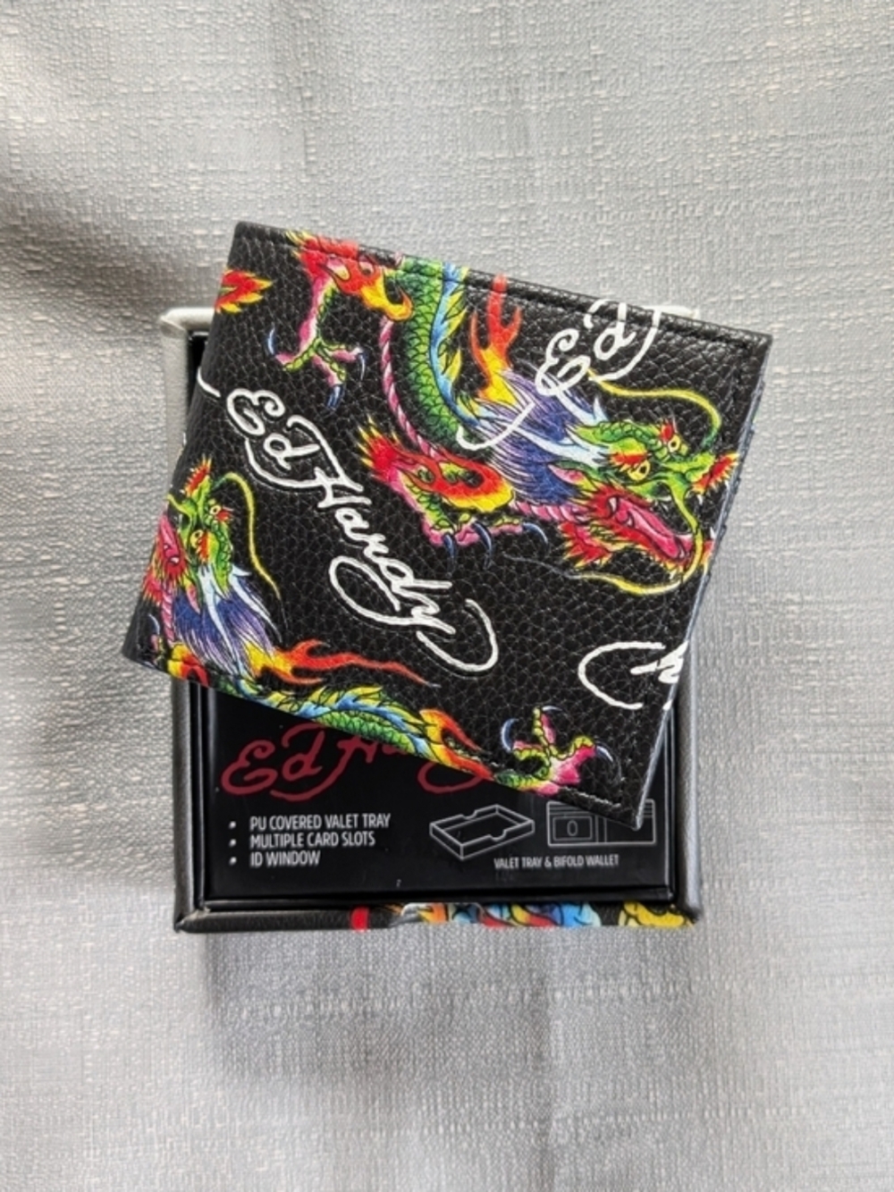 Ed Hardy Dragon Tattoo Print Faux Leather Bifold Wallet. NWT!